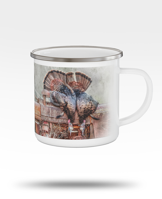 Turkeys On Tractor Enamel Camping Mug