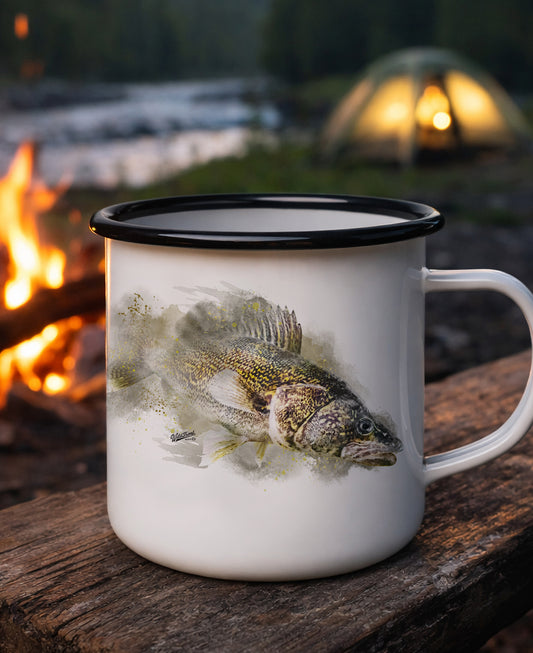 Walleye Black Rim Enamel Camp Mug