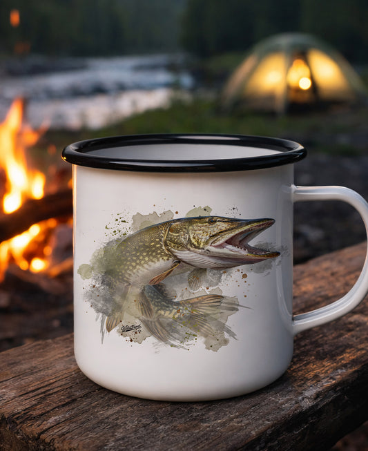 Northern Pike Black Rim Enamel Camp Mug