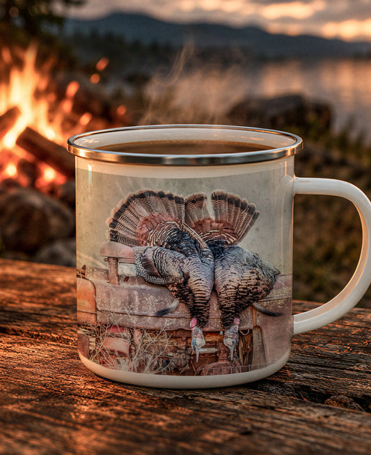 Turkeys On Tractor Enamel Camping Mug